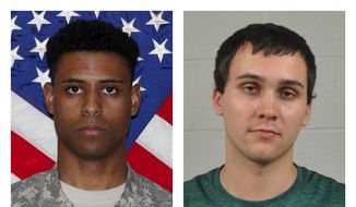 This combination of photos provided by the U.S. Army and the University of Maryland Police Department shows Richard Collins III, right, and Sean Urbanski. On Tuesday, Oct. 17, 2017, Urbanski was indicted on a hate crime charge for allegedly stabbing Collins to death “because of his race,” a Maryland prosecutor said. (U.S. Army, University of Maryland Police Department via AP)