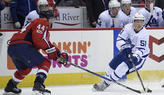 Toronto Maple Leafs defenseman Jake Gardiner (51) battles for the puck against Washington Capitals defenseman Brooks Orpik (44) during the second period of a NHL hockey game, Tuesday, Oct. 17, 2017, in Washington. (AP Photo/Nick Wass)