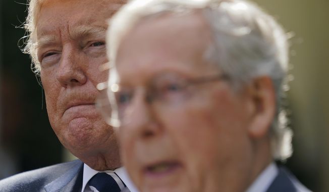 President Donald Trump and Senate Majority Leader Mitch McConnell of Ky., speak to members of the media in the Rose Garden of the White House, Monday, Oct. 16, 2017. (AP Photo/Pablo Martinez Monsivais)