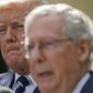 President Donald Trump and Senate Majority Leader Mitch McConnell of Ky., speak to members of the media in the Rose Garden of the White House, Monday, Oct. 16, 2017. (AP Photo/Pablo Martinez Monsivais)