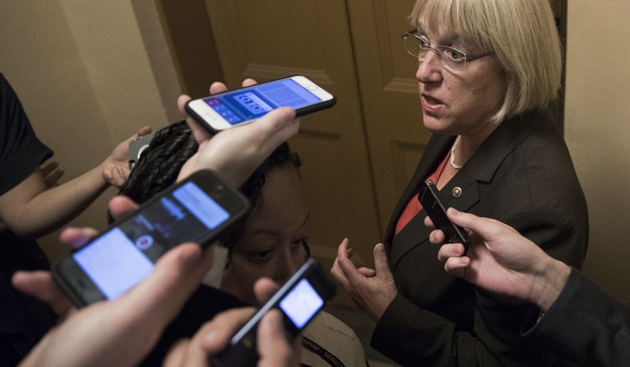 Sen. Patty Murray, D-Wash., the ranking member of the Senate Health, Education, Labor, and Pensions Committee, talks to reporters on Capitol Hill in Washington, Wednesday, Oct. 18, 2017. (AP Photo/Carolyn Kaster)