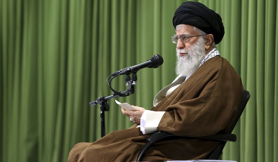 In this photo released by an official website of the office of the Iranian supreme leader, Supreme Leader Ayatollah Ali Khamenei speaks at a meeting in Tehran, Iran, Wednesday, Oct. 18, 2017. Khamenei on Wednesday urged Europe to do more to back the 2015 nuclear deal after President Donald Trump refused to re-certify the pact and European companies have rushed into the Iranian markets since the landmark accord. (Office of the Iranian Supreme Leader via AP)
