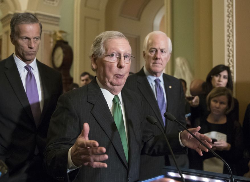 In this Oct. 17, 2017, photo, Senate Majority Leader Mitch McConnell, R-Ky., flanked by Sen. John Thune, R-S.D., left, and Majority Whip John Cornyn, R-Texas, announces to reporters that the Senate is moving ahead on a Republican budget plan at the Capitol in Washington. Senate Republicans seem to be on cruise control to pass a $4 trillion budget plan that shelves GOP deficit concerns in favor of the party’s drive to cut taxes. (AP Photo/J. Scott Applewhite)