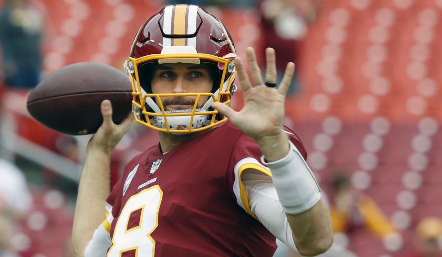 FILE - In this Sunday, Oct. 15, 2017 file photo, Washington Redskins quarterback Kirk Cousins (8) warms up before an NFL football game against the San Francisco 49ers in Landover, Md. The Redskins play the Philadelphia Eagles on Monday, Oct. 23, 2017.  (AP Photo/Pablo Martinez Monsivais, File) **FILE**