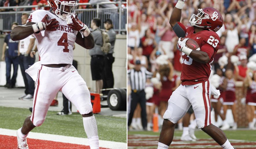 FILE - At left, in a Sept. 10, 2017, file photo, Oklahoma running back Trey Sermon celebrates a touchdown against Ohio State during an NCAA college football game in Columbus, Ohio. At right, in a Sept. 16, 2017, file photo, Oklahoma running back Abdul Adams (23) celebrates after scoring a touchdown against Tulane during the second quarter an NCAA college football game in Norman, Okla. Seven of the league’s top-rated rushers were underclassmen as the league reached the midway point of the season, led by Oklahoma State’s Justice Hill, Iowa State’s David Montgomery and Oklahoma’s talented duo of Trey Sermon and Abdul Adams. (AP Photo/File)