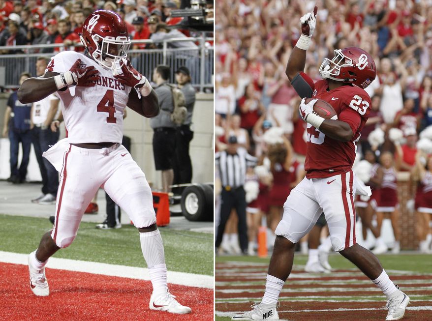 FILE - At left, in a Sept. 10, 2017, file photo, Oklahoma running back Trey Sermon celebrates a touchdown against Ohio State during an NCAA college football game in Columbus, Ohio. At right, in a Sept. 16, 2017, file photo, Oklahoma running back Abdul Adams (23) celebrates after scoring a touchdown against Tulane during the second quarter an NCAA college football game in Norman, Okla. Seven of the league’s top-rated rushers were underclassmen as the league reached the midway point of the season, led by Oklahoma State’s Justice Hill, Iowa State’s David Montgomery and Oklahoma’s talented duo of Trey Sermon and Abdul Adams. (AP Photo/File)