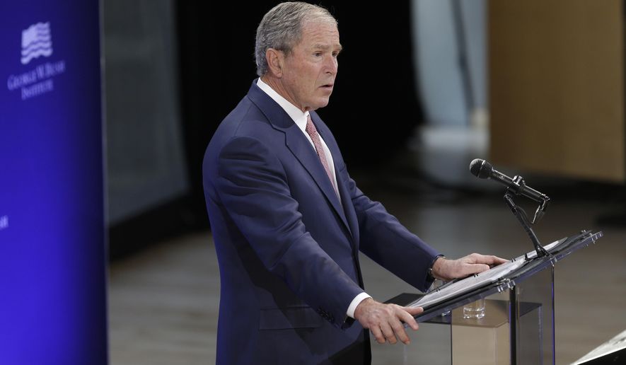 Former U.S. President George W. Bush speaks at a forum sponsored by the George W. Bush Institute in New York, Thursday, Oct. 19, 2017. (AP Photo/Seth Wenig)