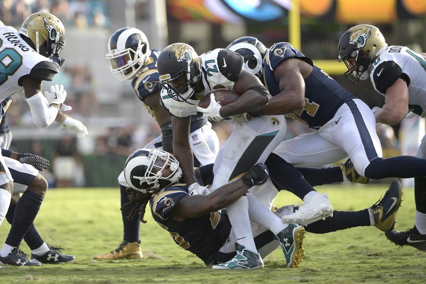 FILE - In this Oct. 15, 2017, file photo, Jacksonville Jaguars running back Leonard Fournette (27) is tackled by Los Angeles Rams linebacker Mark Barron (26) and outside linebacker Robert Quinn (94), right, during the first half of an NFL football game, in Jacksonville, Fla. After Fournette ripped off a 75-yard touchdown run on Jacksonville’s first play, he was mostly held in check in the 27-17 loss. (AP Photo/Phelan M. Ebenhack, File)
