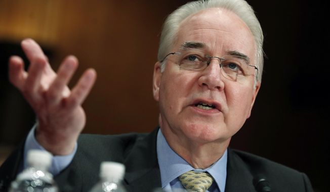 In this June 15, 2017, file photo, then-Health and Human Services Secretary Tom Price testifies on Capitol Hill in Washington, before a Senate Appropriations subcommittee hearing on the Health and Human Services Department&#x27;s fiscal 2018 budget. (AP Photo/Manuel Balce Ceneta) ** FILE **