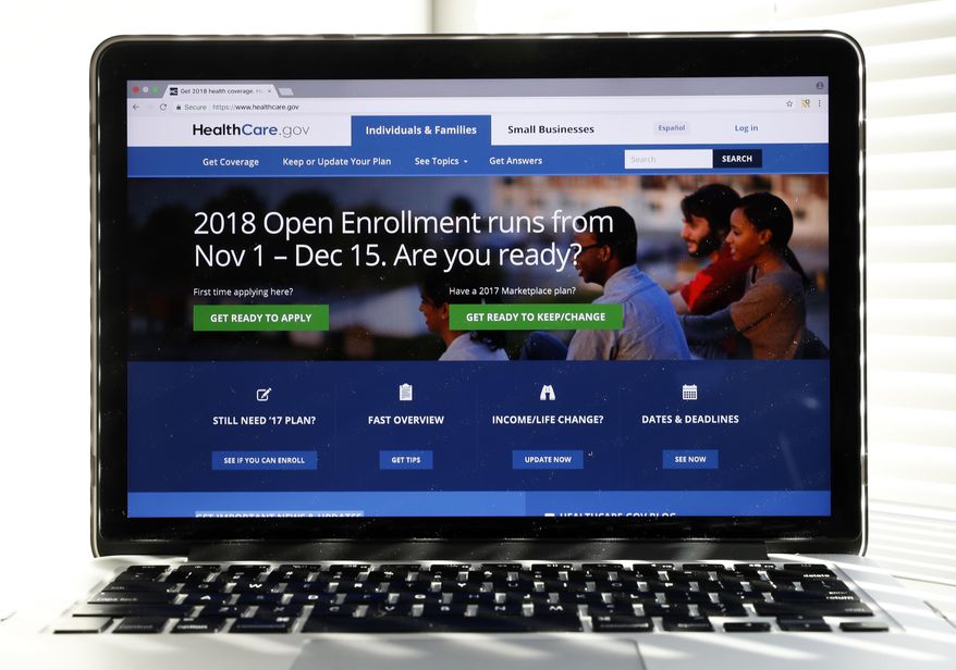 The Healthcare.gov website is seen on a computer screen Wednesday, Oct. 18, 2017, in Washington. If President Donald Trump succeeds in shutting down a major “Obamacare” subsidy, it would have the unintended consequence of making basic health insurance available to more people for free, and making upper-tier plans more affordable. The unexpected assessment comes from consultants, policy experts, and state officials trying to discern the potential fallout from a Washington health care debate that’s becoming harder to follow.(AP Photo/Alex Brandon) **FILE**