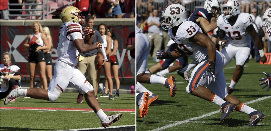 FILE - At left, in an Oct. 14, 2017, file photo, Boston College running back AJ Dillon (2) crosses the goal line to score during the second half of an NCAA college football game against Louisville, in Louisville, Ky. At right, in a Sept. 17, 2016, file photo, Virginia's Micah Kiser rushes against Connecticut in the first half of an NCAA college football game at Pratt & Whitney Stadium at Rentschler Field in East Hartford, Conn. Boston College College plays at Virginia on Saturday. (AP Photo/File)