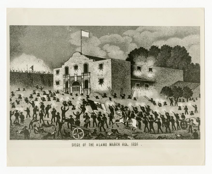 This undated historical image courtesy of the Texas State Library and Archives Commission shows the drawing "Siege of the Alamo, March 6th, 1836." Texas Land Commissioner George P. Bush is overseeing a 7-year, $450 million revamp of the Alamo, where 189 independence fighters were killed in 1836. That includes restoration of historical structures and building a new museum and visitors' center. But some conservatives worry that the importance of the battle for the Alamo will be marginalized by "political correctness," with the overhaul sanitizing less-desirable aspects of participants' history, including that some were slaveholders. (Courtesy of Texas State Library and Archives Commission via AP)