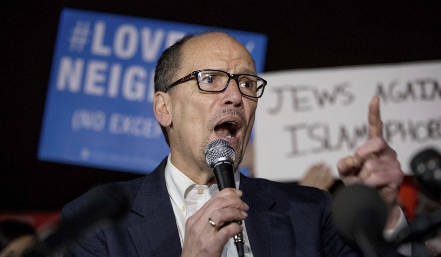 Democratic National Committee Chairman Tom Perez speaks at a protest against President Donald Trump's new travel ban order in Lafayette Square outside the White House in Washington on March 6, 2017. (Associated Press) **FILE**