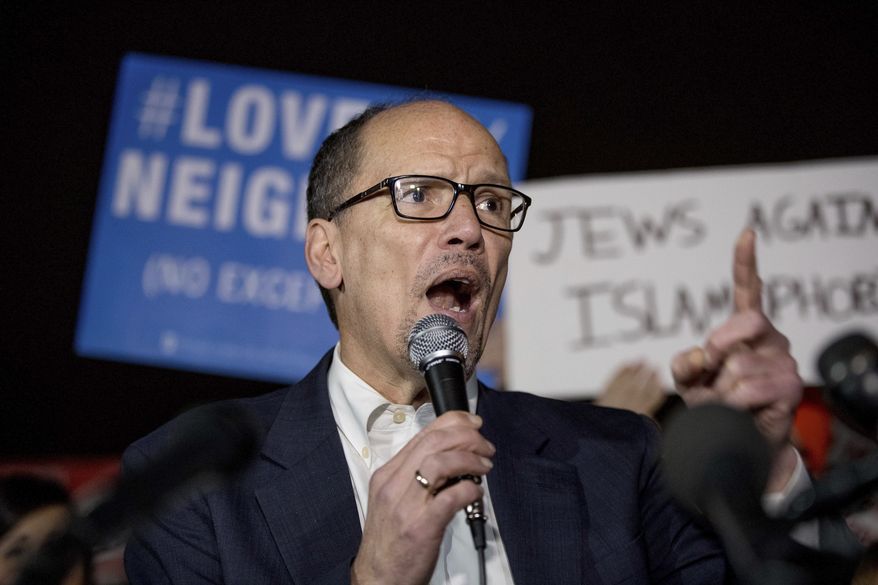 Democratic National Committee Chairman Tom Perez speaks at a protest against President Donald Trump&#39;s new travel ban order in Lafayette Square outside the White House in Washington on March 6, 2017. (Associated Press) ** FILE **