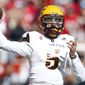 Arizona State quarterback Manny Wilkins (5) passes the ball against Utah in the first half during an NCAA college football game Saturday, Oct. 21, 2017, in Salt Lake City. (AP Photo/Rick Bowmer)