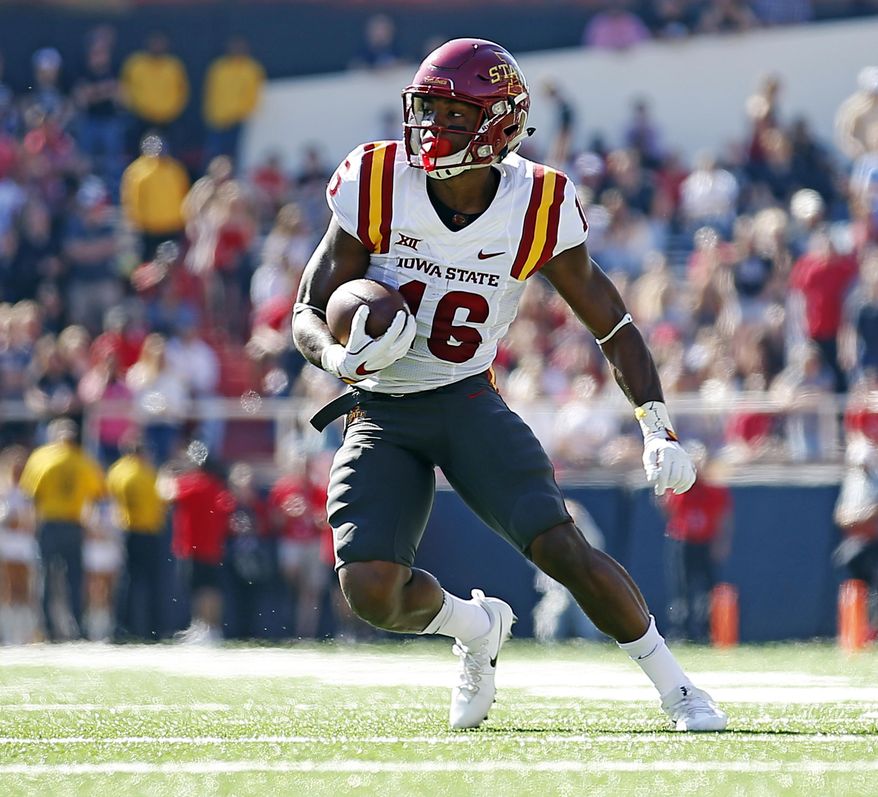 Iowa State's Marchie Murdock (16) runs the ball down the field during the first half of an NCAA college football game against Texas Tech, Saturday, Oct. 21, 2017, at Jones AT&T Stadium in Lubbock, Texas. (Brad Tollefson/Lubbock Avalanche-Journal via AP)