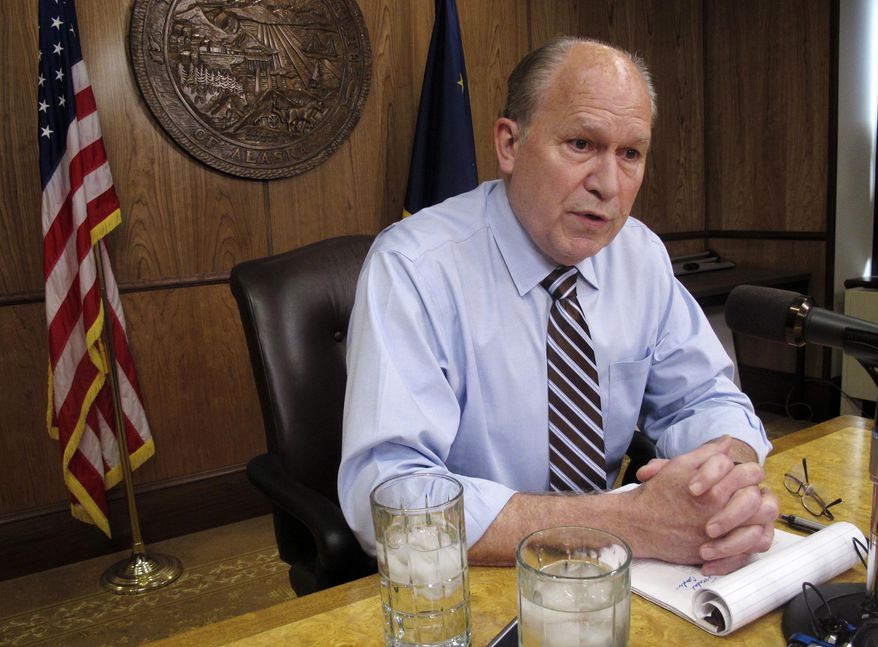 FILE - In this June 8, 2017 file photo, Alaska Gov. Bill Walker meets with reporters in Juneau. Walker said he wouldn't go through the hassle and expense of calling another special session this year if he didn't expect Alaska legislators to pass the bills on his agenda. But Walker faces an uphill battle in selling skeptical senators on his proposal to implement a new tax on wages to help address a multibillion-dollar budget deficit that has persisted amid low oil prices. (AP Photo/Becky Bohrer, File)