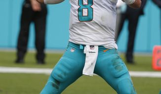 Miami Dolphins quarterback Matt Moore (8) looks to pass the ball, during the second half of an NFL football game against the New York Jets, Sunday, Oct. 22, 2017, in Miami Gardens, Fla. (AP Photo/Wilfredo Lee)