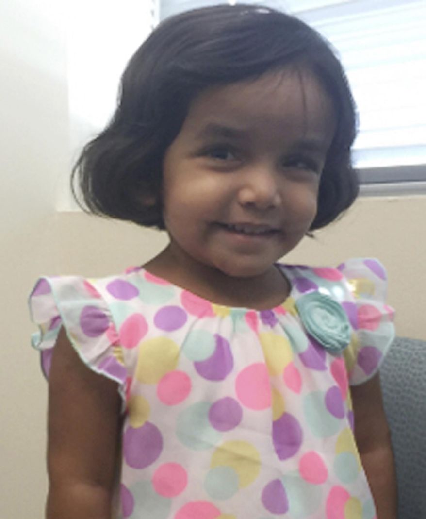 This undated photo provided by the Richardson Texas Police Department shows 3-year-old Sherin Mathews. (Richardson Texas Police Department via AP)