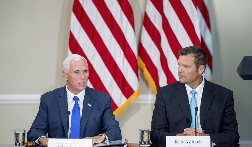 Vice President Mike Pence, left, accompanied by Vice-Chair Kansas Secretary of State Kris Kobach, right, speaks during the first meeting of the Presidential Advisory Commission on Election Integrity at the Eisenhower Executive Office Building on the White House complex in Washington. The information coming out of President Donald Trump’s commission to investigate voter fraud has frustrated not only reporters and senators but now even members of the commission. (AP Photo/Andrew Harnik, File)