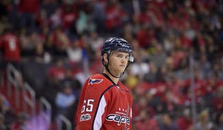 Washington Capitals left wing Andre Burakovsky, of Austria, looks on during the first period of an NHL hockey game against the Florida Panthers, Saturday, Oct. 21, 2017, in Washington. (AP Photo/Nick Wass) **FILE**