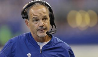 FILE - In this Oct. 22, 2017, file photo, Indianapolis Colts head coach Chuck Pagano watches from the sidelines during the first half of an NFL football game against the Jacksonville Jaguars in Indianapolis. Pagano continues to blame himself for his team&#39;s woes. Fans are increasingly wanting to blame him, too. (AP Photo/AJ Mast, File)