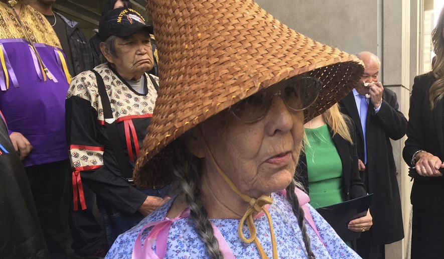Carol Logan, an elder from the Confederated Tribes of Grand Ronde, speaks during a hearing in Portland, Ore., Monday, Oct. 23, 2017. Lawyers for the government and a trio of tribal elders argued in Portland, Monday whether a lawsuit over the destruction of a sacred site should continue. (AP Photo/Steven DuBois)