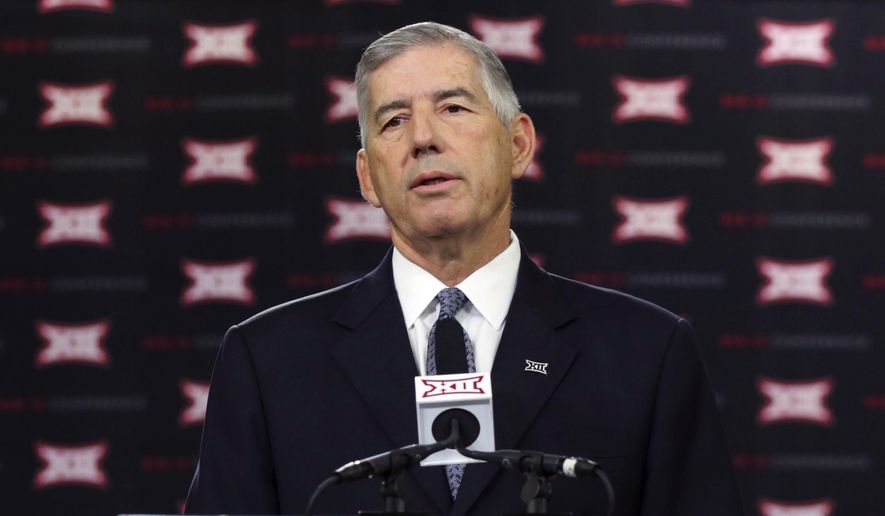 FILE - In this July 17, 2017, file photo, Big 12 commissioner Bob Bowlsby speaks to reporters during the Big 12 NCAA college football media day at the Dallas Cowboys practice facilities in Frisco, Texas. Bowlsby announced Tuesday, Oct. 24, 2017, that the women’s tournament, which will be played in Oklahoma City the next two years, will return to Kansas City in 2020 and run alongside the men’s tournament. The contract is only for one year so that it is co-terminus with the men’s agreement. (AP Photo/LM Otero, File)