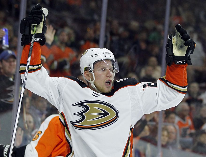 Anaheim Ducks' Ondrej Kase reacts after scoring a goal during the first period of an NHL hockey game against the Philadelphia Flyers, Tuesday, Oct. 24, 2017, in Philadelphia. (AP Photo/Tom Mihalek)