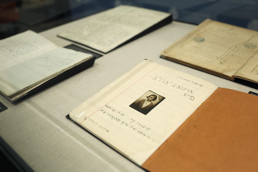 Documents recently rediscovered in Lithuania are displayed at the YIVO Institute for Jewish Research in New York, Tuesday, Oct. 24, 2017. These documents along with more than 170,000 other pages are part of a recently discovered trove of Jewish materials from Lithuania thought to have been destroyed during the Holocaust. (AP Photo/Seth Wenig)