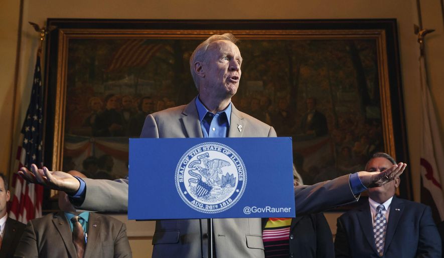 FILE - In this July 26, 2017 file photo, Illinois Gov. Bruce Rauner speaks during a news conference at the state Capitol, Wednesday, July 26, 2017, in Springfield, Ill. Still struggling with budget problems and faced with new demands for cash, the Illinois General Assembly returns Tuesday for the first week of its fall session. Lawmakers will deal with re-establishing the Medicaid program for hospitals and could take up vetoes by Gov. Bruce Rauner on workers' compensation and minimum wage in addition to trying to ensure budget ends meet. (Justin Fowler/The State Journal-Register via AP File)