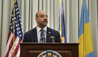 FILE – In this Feb. 10, 2017, file photo, Philadelphia District Attorney Seth Williams speaks during a news conference in Philadelphia. The Pennsylvania Supreme Court disbarred Williams, the city of Philadelphia&#39;s former top prosecutor, in a Thursday, Oct. 19 order retroactive to when the court suspended his license on April 13, the latest blow to the jailed ex-district attorney who pleaded guilty in a bribery scandal in June.  Williams faces up to five years in prison at his sentencing scheduled Tuesday, Oct. 24. (AP Photo/Matt Rourke, File)