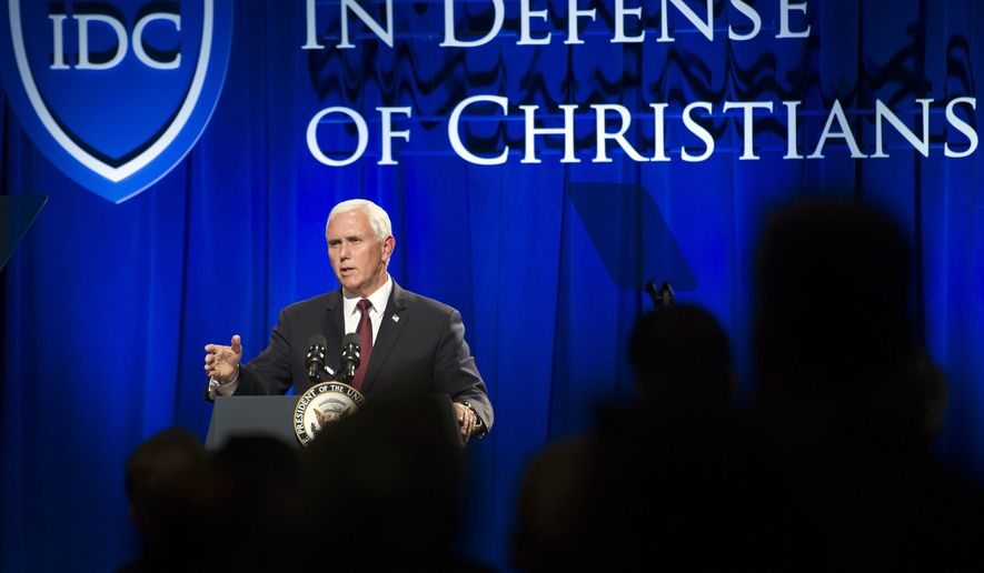 Vice President Mike Pence addresses the In Defense of Christians&#39; fourth-annual national advocacy summit in Washington, Wednesday, Oct. 25, 2017. (AP Photo/Cliff Owen)