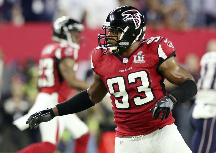 FILE - In this Feb. 5, 2017, file photo, Atlanta Falcons' Dwight Freeney follows the action against the New England Patriots during the NFL football's Super Bowl 51 in Houston. Freeney is back in the NFL after agreeing to a deal to join the Seattle Seahawks. The 37-year-old has been without a job after spending last season with Atlanta. He'll be used as a pass rusher with Seattle after the loss of Cliff Avril to a neck injury. (AP Photo/Gregory Payan, File)