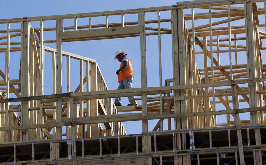 In this Friday, Oct. 6, 2017, file photo, workers build an apartment and retail complex in Nashville, Tenn. (AP Photo/Mark Humphrey) ** FILE **
