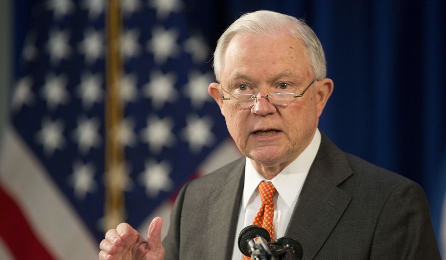 Attorney General Jeff Sessions discusses the opioid crisis, Friday, Oct. 27, 2017, at John F. Kennedy International Airport in New York. (AP Photo/Mark Lennihan) ** FILE **