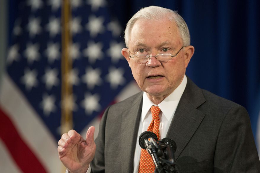 Attorney General Jeff Sessions discusses the opioid crisis, Friday, Oct. 27, 2017, at John F. Kennedy International Airport in New York. (AP Photo/Mark Lennihan) ** FILE **