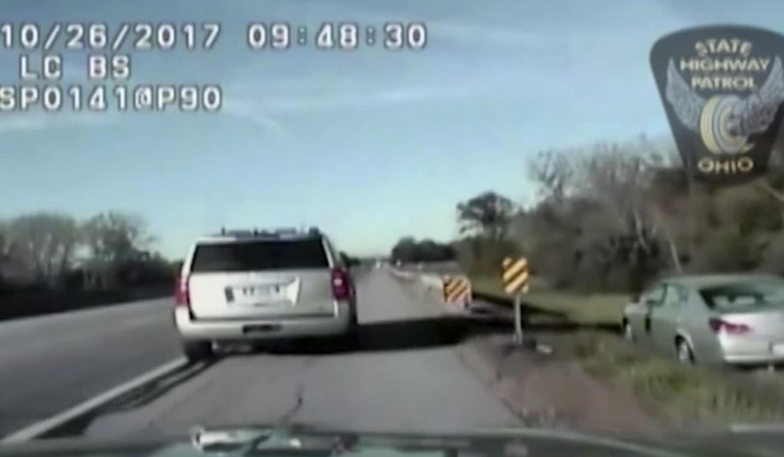 This image provided by the Ohio Highway Patrol shows a high-speed pursuit that began in Cleveland and ended miles away along the Ohio Turnpike on Thursday, Oct. 26, 2017. Authorities say A 10-year-old boy led police on a high-speed pursuit that ended when state troopers boxed him in. Police say it's the second time in two weeks the boy has taken cars on joyrides. (Ohio Highway Patrol via AP)