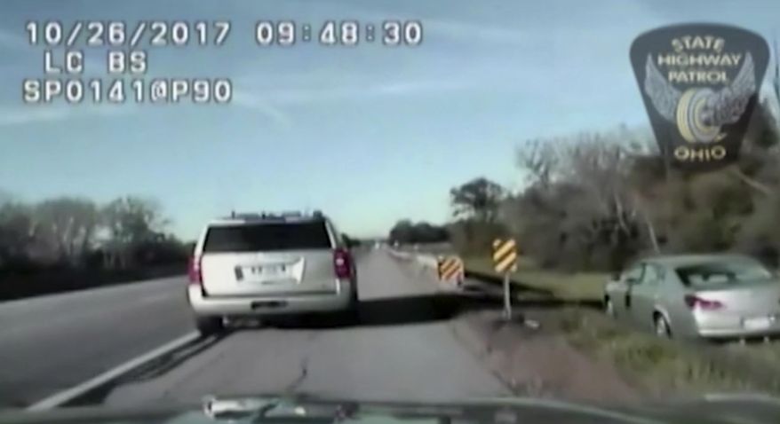 This image provided by the Ohio Highway Patrol shows a high-speed pursuit that began in Cleveland and ended miles away along the Ohio Turnpike on Thursday, Oct. 26, 2017. Authorities say A 10-year-old boy led police on a high-speed pursuit that ended when state troopers boxed him in. Police say it's the second time in two weeks the boy has taken cars on joyrides. (Ohio Highway Patrol via AP)