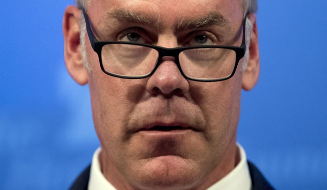 Interior Secretary Ryan Zinke speaks on the Trump administration&#x27;s energy policy at the Heritage Foundation in Washington on Sept. 29, 2017. (Associated Press) **FILE**