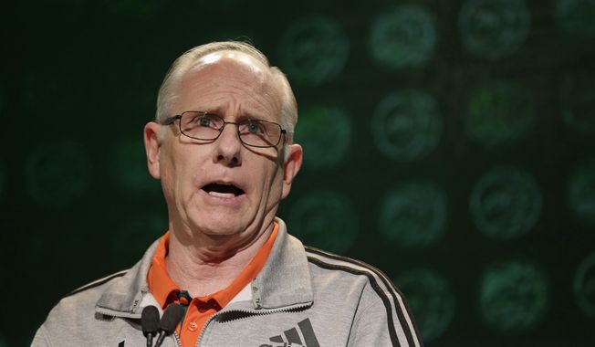 Miami head coach Jim Larranaga answers a question during the Atlantic Coast Conference men&#x27;s NCAA college basketball media day in Charlotte, N.C., Wednesday, Oct. 25, 2017. (AP Photo/Chuck Burton)
