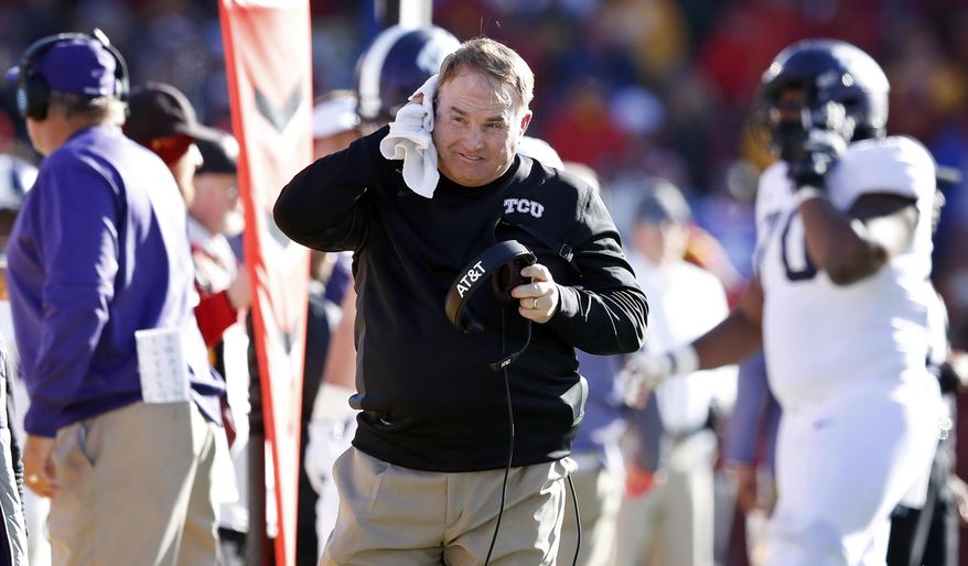 TCU head coach Gary Patterson walks on the sideline during the first half of an NCAA college football game against Iowa State, Saturday, Oct. 28, 2017, in Ames, Iowa. (AP Photo/Charlie Neibergall)