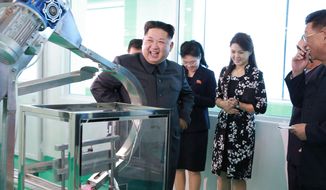 In this undated photo provided Sunday, Oct. 29, 2017, by the North Korean government,  North Korean leader Kim Jong-un, center, visits a cosmetics factory in Pyongyang, North Korea. At second from right is Kim&#39;s wife Ri Sol-ju. Independent journalists were not given access to cover the event depicted in this image distributed by the North Korean government. The content of this image is as provided and cannot be independently verified. (Korean Central News Agency/Korea News Service via AP)
