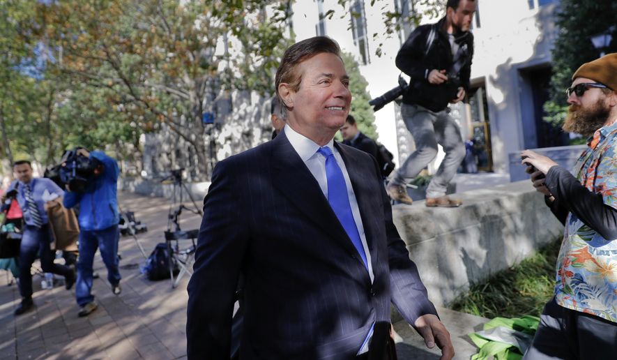 Paul Manafort leaves Federal District Court in Washington, Monday, Oct. 30, 2017. Manafort, President Donald Trump&#39;s former campaign chairman, and Manafort&#39;s business associate Rick Gates pleaded not guilty to felony charges of conspiracy against the United States and other counts. (AP Photo/Alex Brandon)