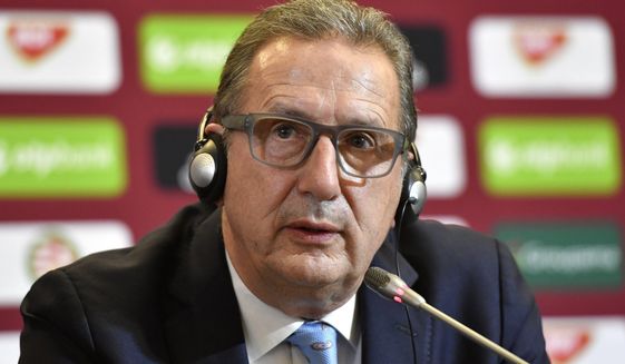 New head coach of the Hungarian national soccer team Georges Leekens of Belgium speaks during a press conference in the training centre in Telki, 19 kms west of Budapest, Hungary, Monday, Oct. 30, 2017. (Tibor Illyes/MTI via AP)