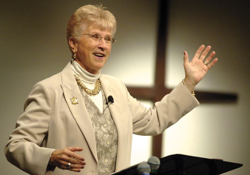 FILE - In this Oct. 15, 2005, file photo, former Montana Gov. Judy Martz addresses a crowd at the Christian Women's Conference at Faith Chapel in Billings, Mont. Martz, Montana's only female governor and lieutenant governor whose fiscal success running the state was overshadowed by scandal and gaffes, died in Butte, Mont., Monday, Oct. 30, 2017. Martz, who had been battling pancreatic cancer, was 74. (James Woodcock/Billings Gazette via AP)