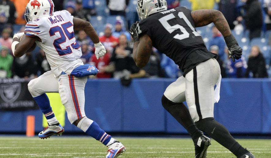 Buffalo Bills running back LeSean McCoy (25) takes off for a long touchdown run as Oakland Raiders outside linebacker Bruce Irvin (51) tries to catch him during the second half of an NFL football game, Sunday, Oct. 29, 2017, in Orchard Park, N.J. (AP Photo/Adrian Kraus)