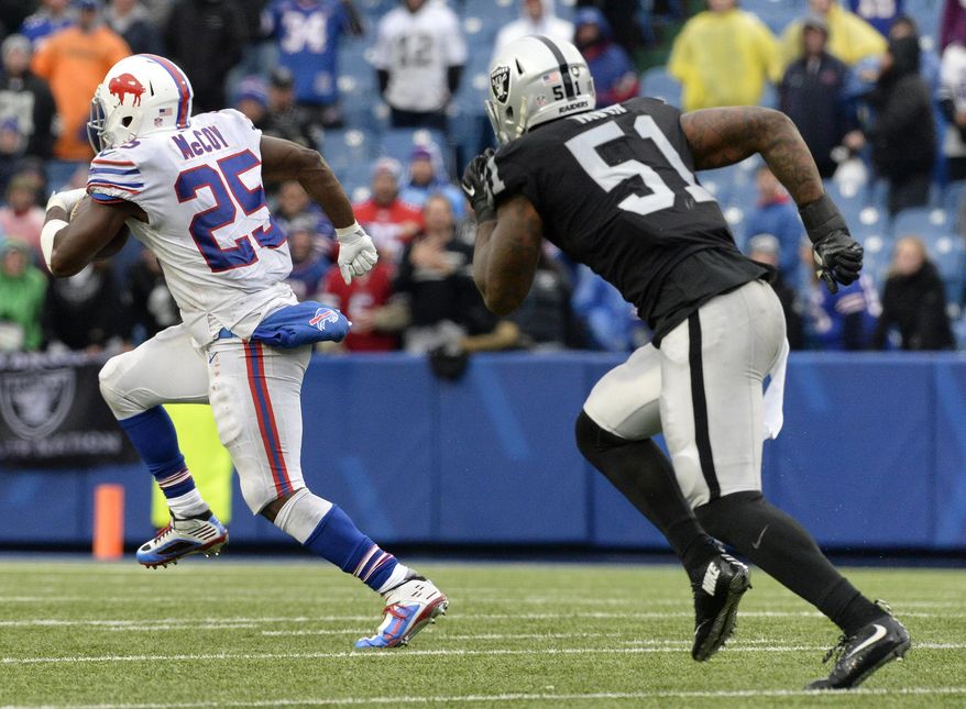 Buffalo Bills running back LeSean McCoy (25) takes off for a long touchdown run as Oakland Raiders outside linebacker Bruce Irvin (51) tries to catch him during the second half of an NFL football game, Sunday, Oct. 29, 2017, in Orchard Park, N.J. (AP Photo/Adrian Kraus)