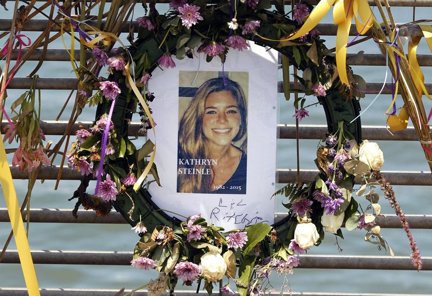 This July 17, 2015, file photo shows flowers and a portrait of Kate Steinle displayed at a memorial site on Pier 14 in San Francisco, Calif. The bullet that killed Kate Steinle two years ago ricocheted off the ground about 100 yards away before hitting her in the back and later launching a criminal case at the center of a national immigration debate. A San Francisco police officer who helped supervise the investigation testified about the bullet’s trajectory Monday, Oct. 30, 2017 at Zarate&#39;s trial. (Paul Chinn /San Francisco Chronicle via AP, File) **FILE**