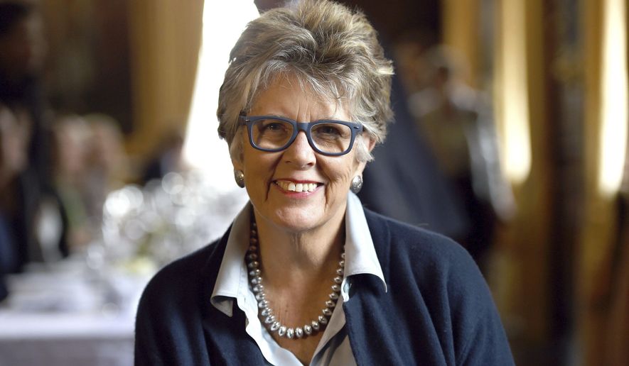 FILE- This is a February, 14, 2017 file photo of Prue Leith, who has appeared to accidentally reveal the winner of this year's Great British Bake Off. A judge on the Great British Bake Off, a widely watched television cooking competition in the U.K., has been forced to apologize after revealing the winner hours before the final episode was scheduled to air, it was reported Tuesday, Oct. 31, 2017. (Kirsty O'Connor/PA via AP, File)